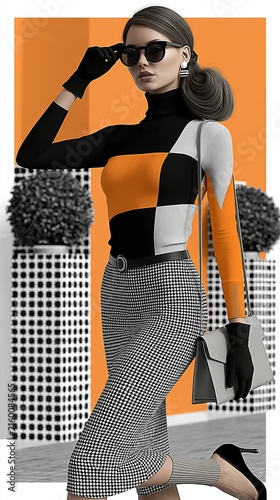 Chic woman in stylish geometric sweater and houndstooth skirt, accessorized with gloves and handbag