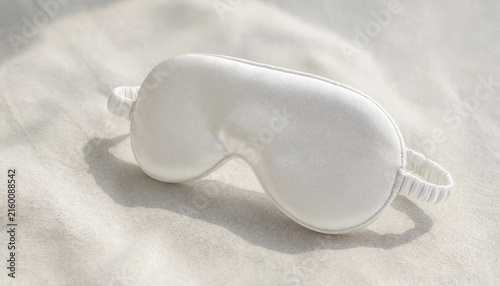 A soft white silk sleep mask resting on textured linen bedding fabric