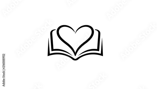 Outline vector of an open book with a heart shape in the center. Minimal black line illustration. Love for reading, literature, education. Logos, icons, graphics.