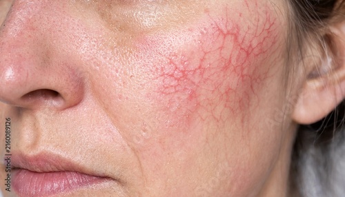 Close up of a middle aged woman cheek with visible broken capillaries and spider veins