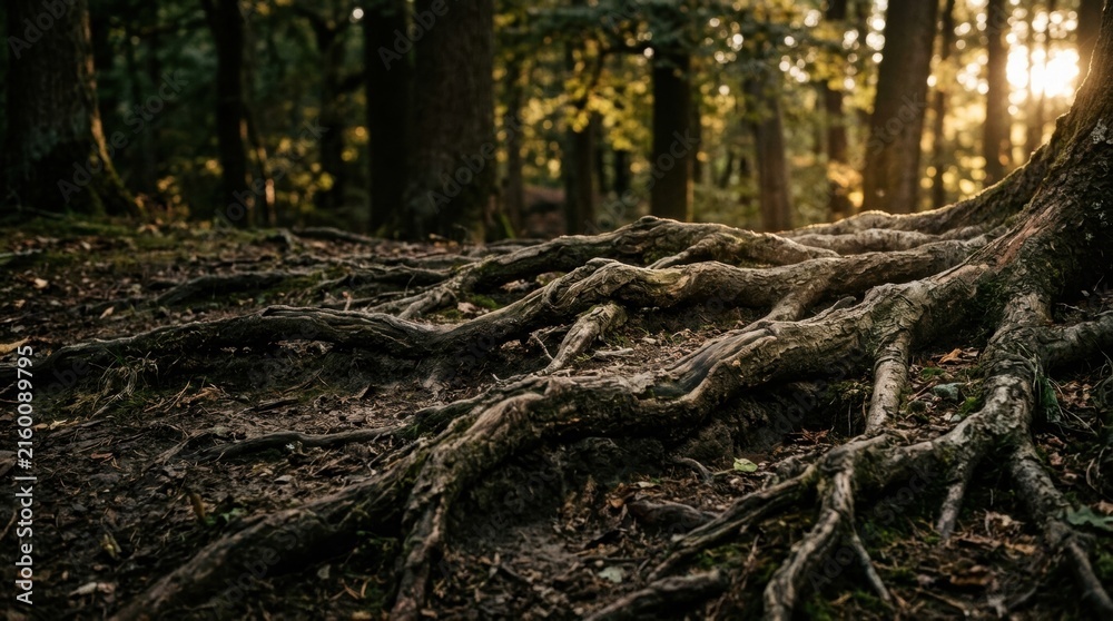Obraz premium Large tree roots sprawling across dark forest floor at sunset