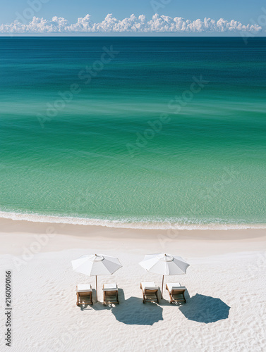 White Beach Umbrellas On Emerald Shore