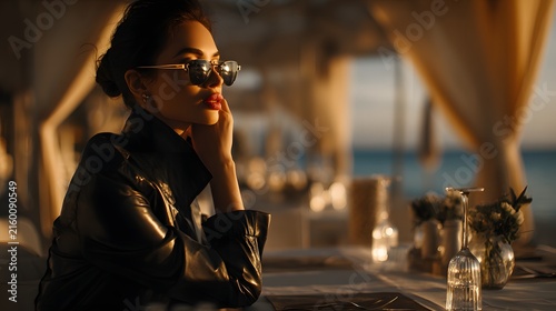 Elegant woman wearing oversized sunglasses at a seaside cafe table, perfect for fashion editorial, travel banner