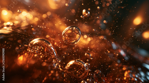 Golden Amber Liquid Splash with Sparkling Effervescent Bubbles