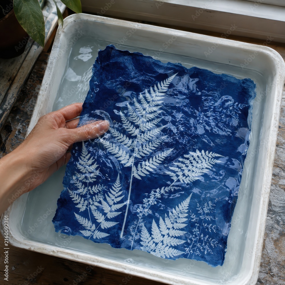 Naklejka premium Hands rinsing cyanotype print with white fern silhouettes