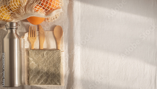 Zero Waste Eco Friendly Essentials Flat Lay with Natural Linen Copy Space