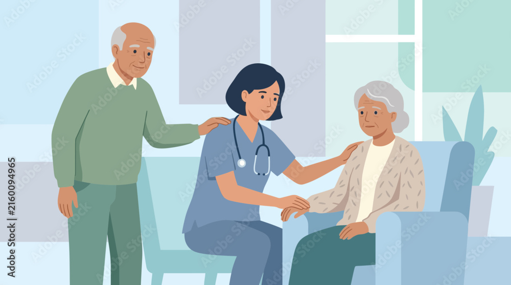 Obraz premium Caring Nurse with Elderly Couple, Support and Companionship in Later Life