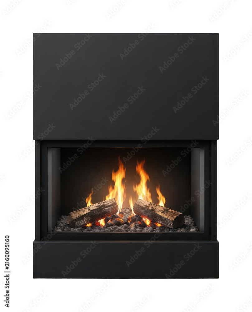 Fototapeta premium PNG Modern fireplace with burning logs.