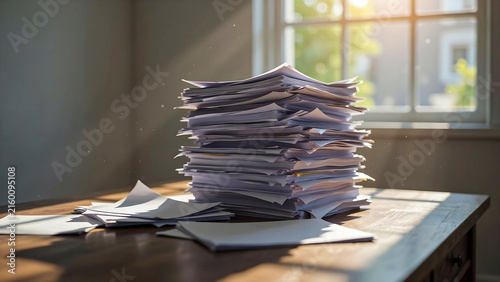 Stack of paperwork on wooden desk with sunlight in office workspace