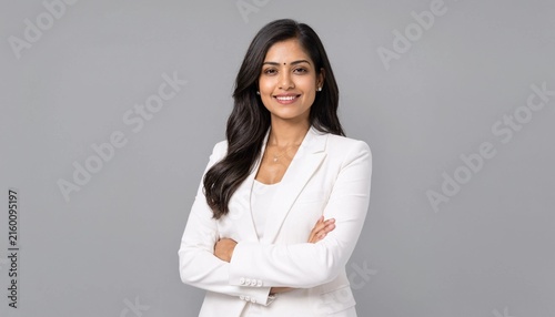 Confident businesswoman in white blazer pointing to the right with copy space on gray background