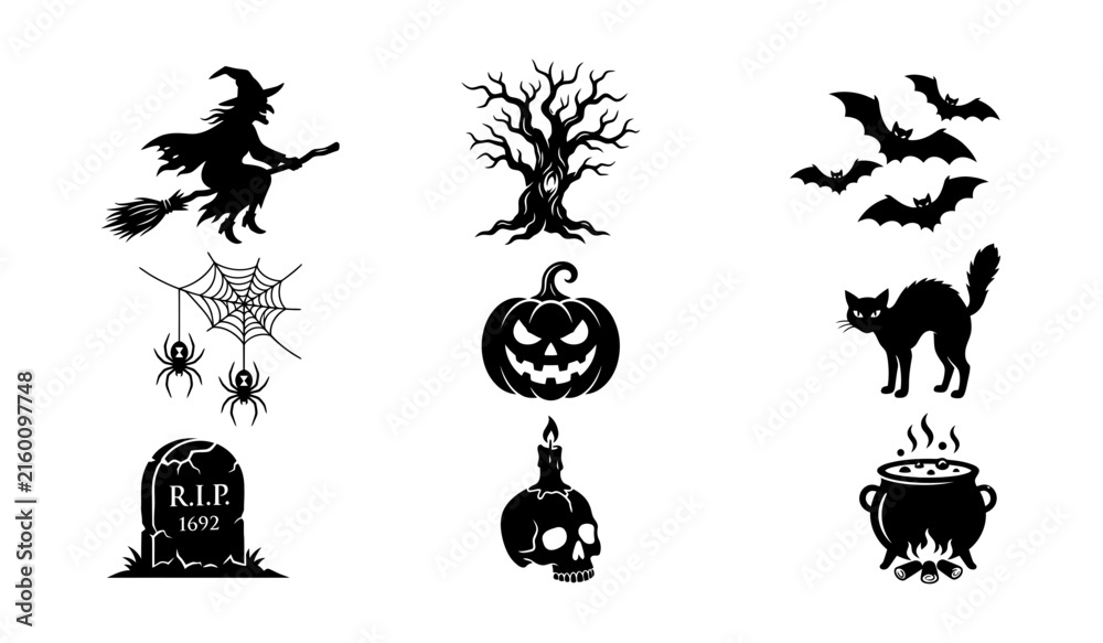 Fototapeta premium Halloween horror icon collection with witch, bats, pumpkin, black cat and haunted tree in black silhouette style. Concept of spooky night, scary festival, horror decoration and minimal vector design.