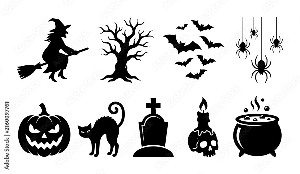 Fototapeta premium Halloween black silhouette icon set with haunted tree, witch, bats, black cat, tombstone and magic cauldron. Concept of scary holiday, supernatural, haunted night, gothic design and infographic illust