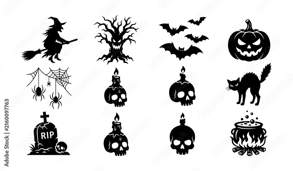 Fototapeta premium Halloween horror icon collection with witch, bats, pumpkin, black cat and haunted tree in black silhouette style. Concept of spooky night, scary festival, horror decoration and minimal vector design.