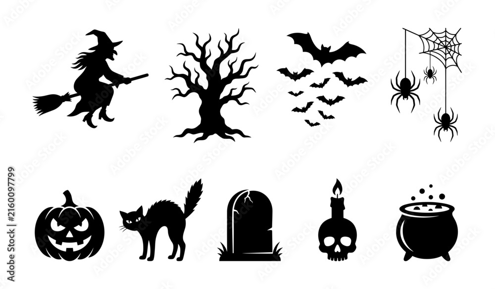 Fototapeta premium Spooky Halloween symbols set featuring witch on broom, flying bats, spider web, jack-o-lantern, skull and cauldron. Concept of Halloween celebration, horror, mystery and dark vector illustration.