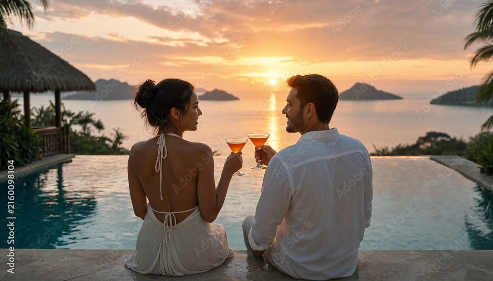 © AZIM - Happy couple enjoying a romantic sunset toast by the infinity pool at a tropical resort