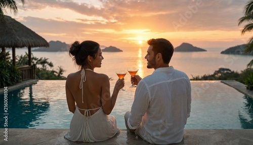Happy couple enjoying a romantic sunset toast by the infinity pool at a tropical resort