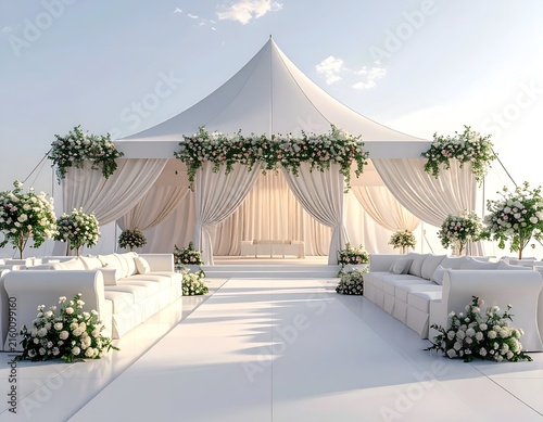 Elegant outdoor wedding venue with white tent, flowers, and seating under a blue sky