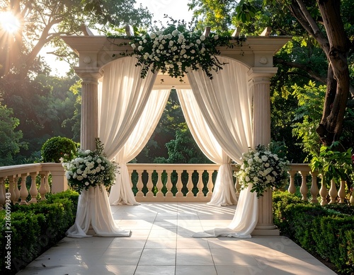 Elegant outdoor wedding ceremony scene, sunny, with draped gazebo, floral accents, garden setting