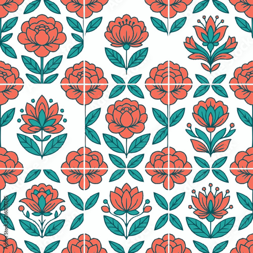 Colorful Folk Floral Seamless Pattern – Red and Blue Botanical Design