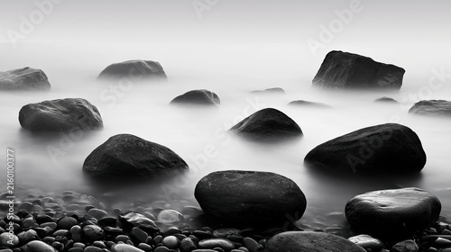 Serene Black and White Seascape with Smooth Rocks Emerging from Misty Ocean Water