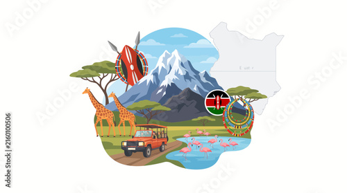 Kenya Travel and Tourism Concept with Wildlife Safari, Mount Kenya, Giraffes, and Maasai Symbols