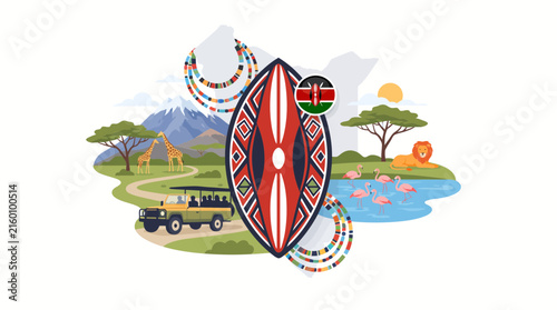 Kenya Safari Travel Concept with Maasai Shield Wildlife Animals and Savannah Landscape Illustration