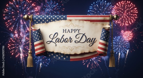 Happy Labor Day banner with vintage scroll and flag