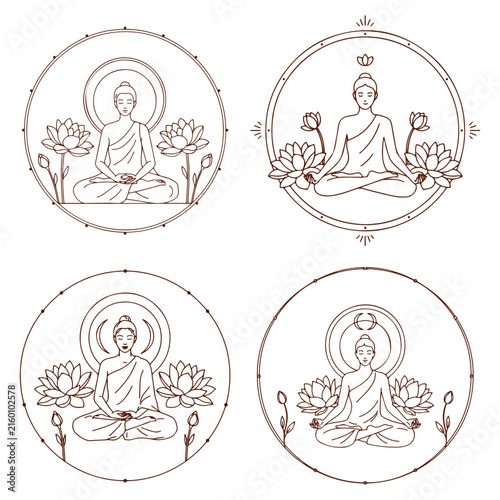 Zen Meditation and Lotus Flower Line Art Vector Logo Collection