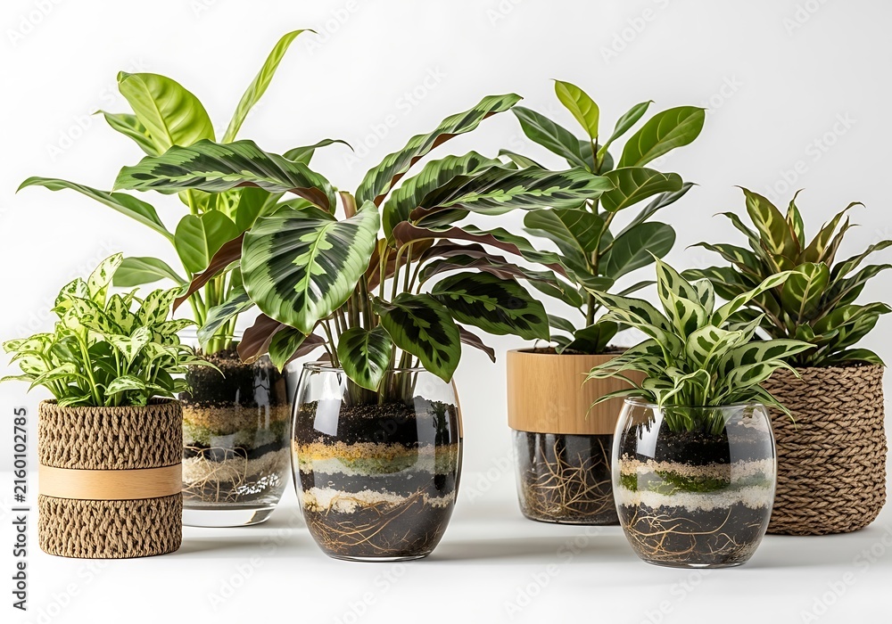 Fototapeta premium Collection of various indoor houseplants in decorative pots and glass terrariums on white background