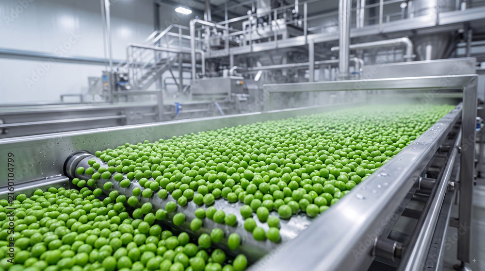 Fototapeta premium Fresh green peas moving on stainless steel conveyor belt in modern food processing factory for frozen vegetable production and quality control