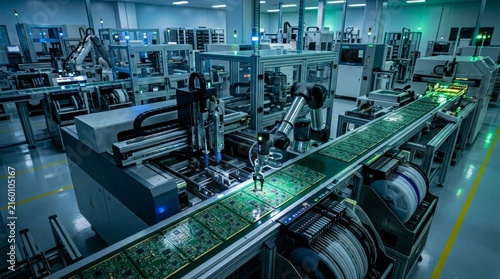 Advanced robots manufacturing circuit boards on a production line in a high tech factory environment