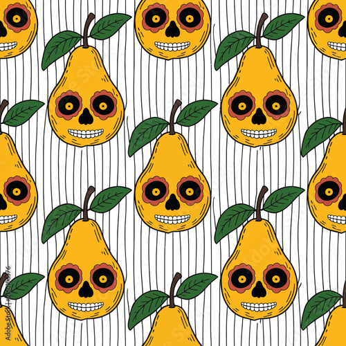 Seamless pattern with cute yellow pears styled like sugar skulls