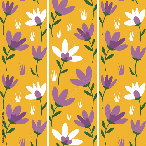 Purple and white flowers on yellow background vertical stripe pattern