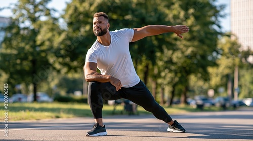 Fit man performing dynamic stretching exercise outdoors in a park, focusing on mobility and warm-up
