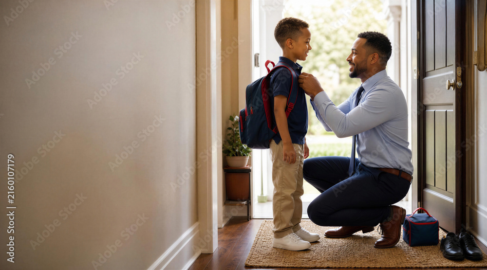 Obraz premium Father helping son with backpack for school at home doorway
