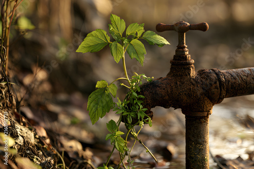 Vibrant green shoots emerge from a corroded metal tap, illustrating the power of nature to thrive amidst decay and abandonment.