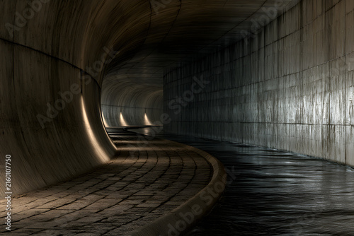 Curved concrete tunnel with illuminated paved path and dark, reflective water on the side. Atmospheric underground architectural render.