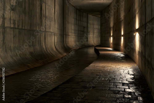 Curved concrete tunnel with illuminated paved path and dark, reflective water on the side. Atmospheric underground architectural render.