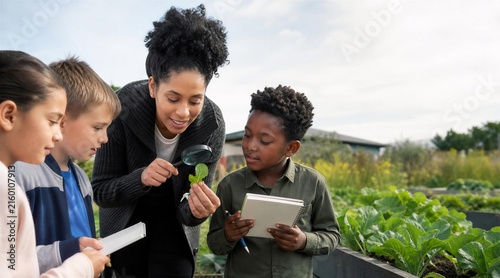 Teacher showing students leaf with magnifying glass in garden.