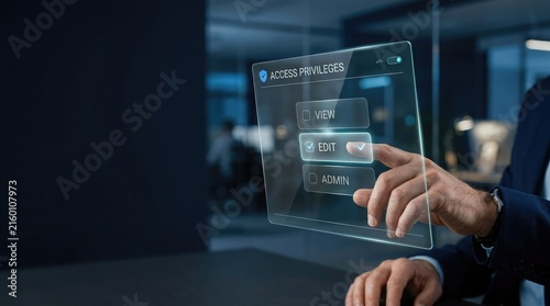 Hand selecting access privileges on digital tablet screen