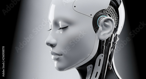 Close-up profile of a humanoid robotic head featuring intricate mechanical components and smooth white casing against a dark background.