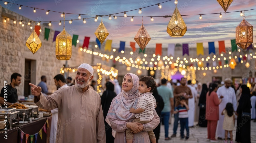 Fototapeta premium People celebrating at night market with festive lanterns.
