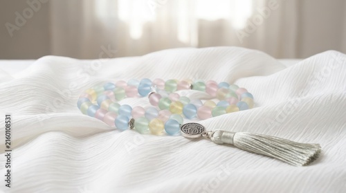 Pastel prayer beads on soft white fabric background.