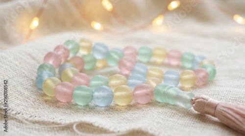 Pastel prayer beads on white fabric with lights.