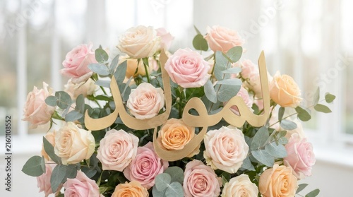 Pastel roses bouquet with gold Arabic calligraphy.