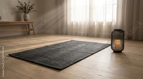 Peaceful prayer room with rug and lantern by window.