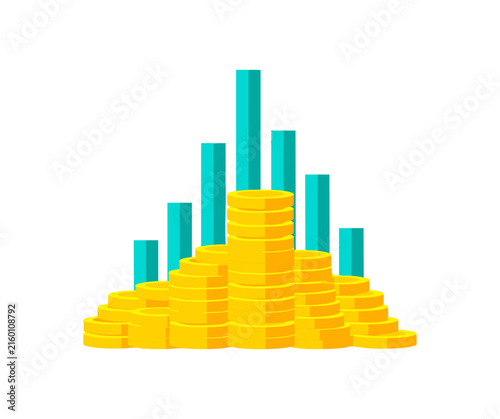 A stack of gold coins with a rising bar chart background representing financial growth.