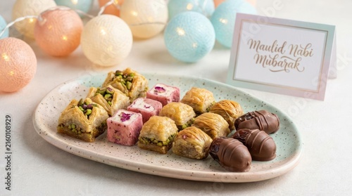 Plate of baklava sweets with Mawlid greeting card.