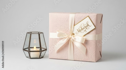Pink gift box with Mubarak tag and geometric lantern