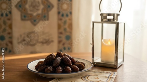 Plate of dates and lantern on wooden table background.